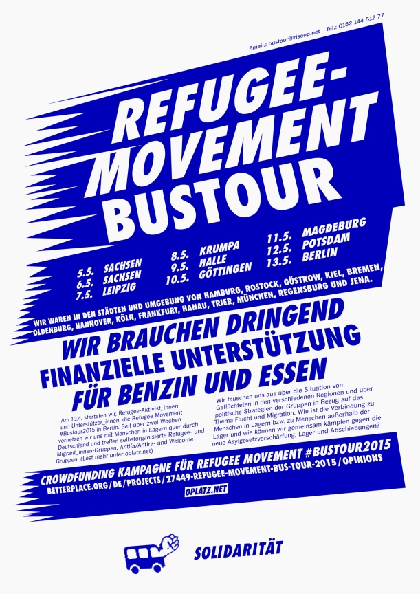 Flyer for the crowdfunding campaign in support of the refugee movement bus tour